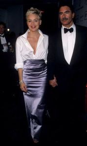 Sharon Stone - hubby's Gap shirt and Vera Wang skirt - 1998